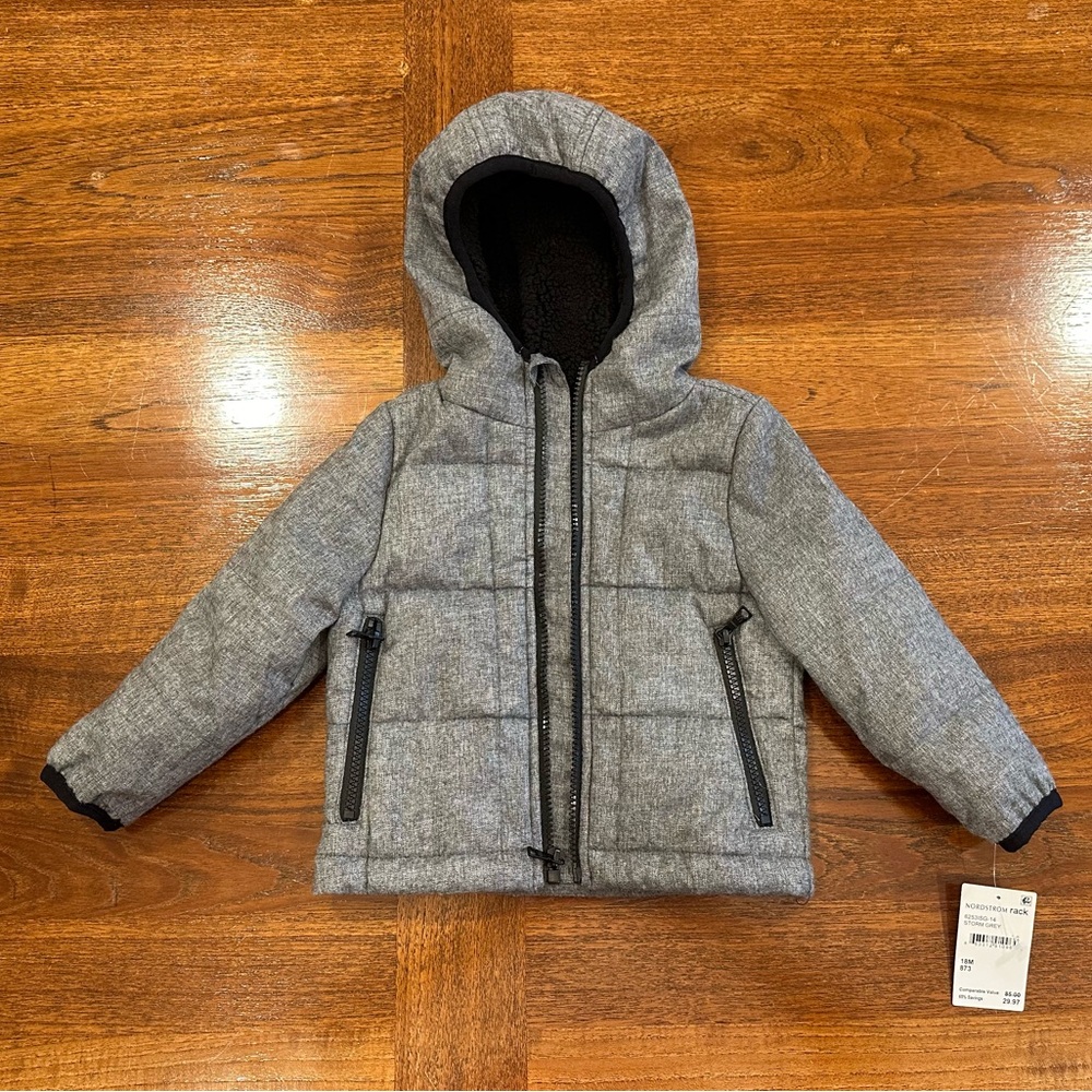 NWT Urban Republic Kids Quilted Zip Front Hooded Jacket, Grey, 18 Months